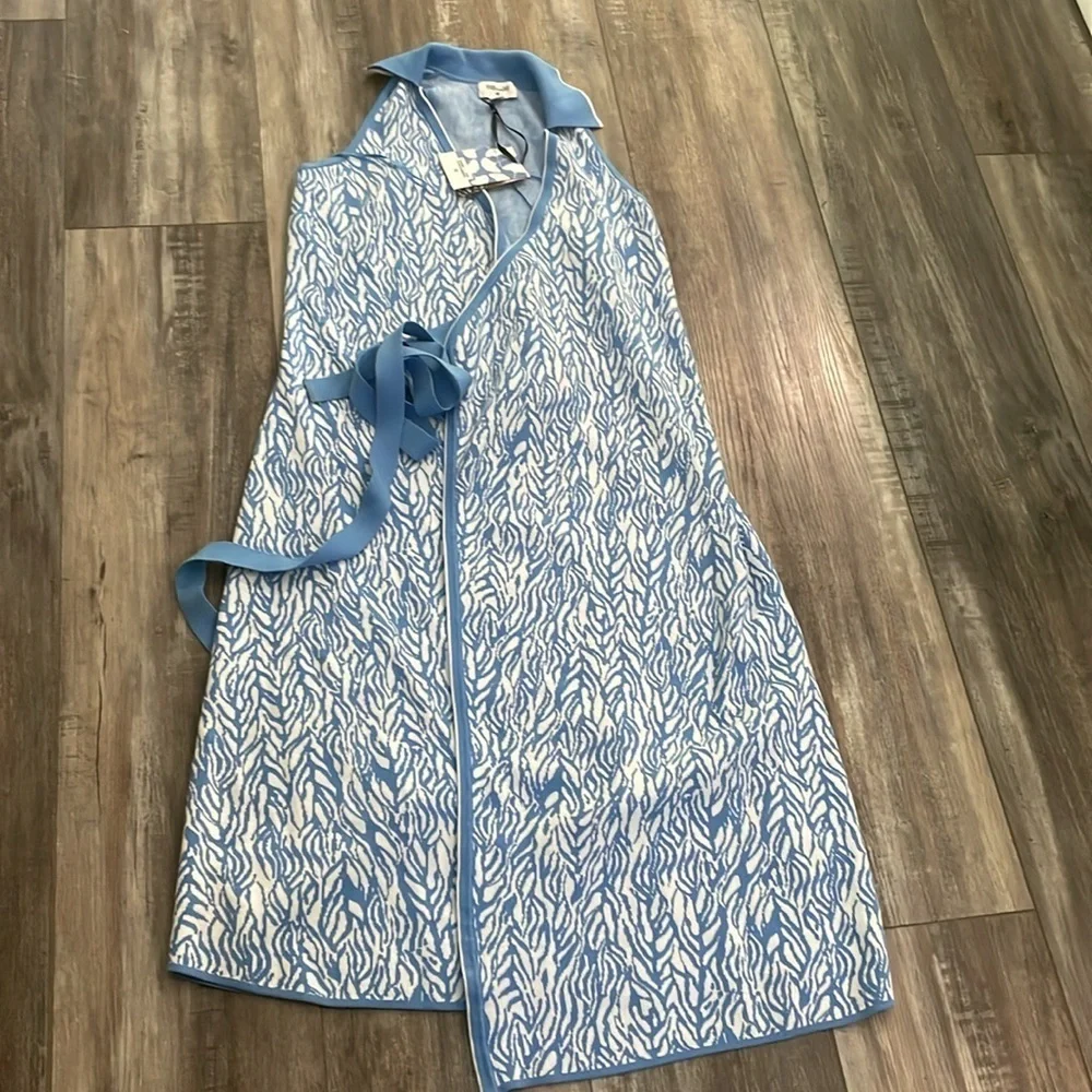 Collared Sleeveless Sea Twig Blue Midi Wrap Dress - DVF for Target XL NEW